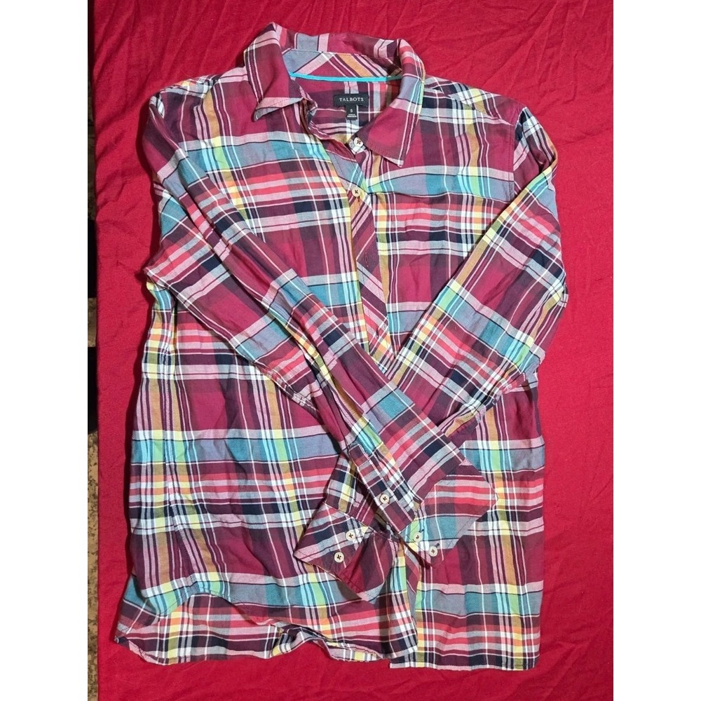Talbots Women's Small Plaid Button Front Shirt 100% Cotton Burgundy Teal Long...